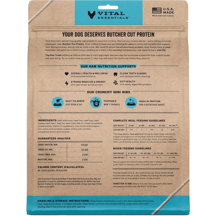 Freeze-Dried Raw Dog Food Beef Crunchy Mini Nibs Complete Meal or Mixer High Protein Dog Food 25 oz