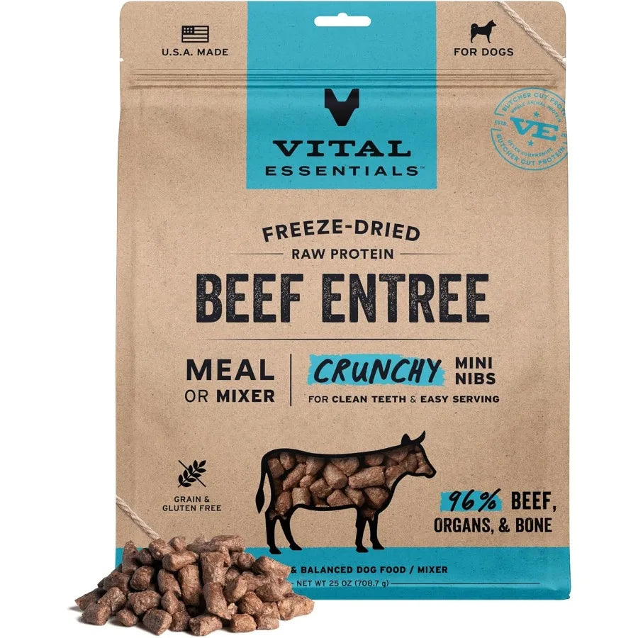 Freeze-Dried Raw Dog Food Beef Crunchy Mini Nibs Complete Meal or Mixer High Protein Dog Food 25 oz